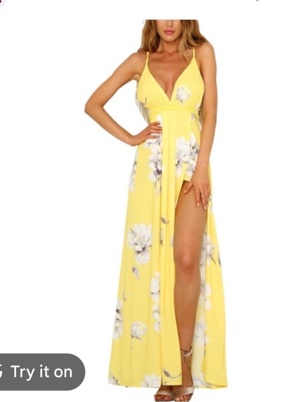 Yellow Floral V-Neck Spaghetti Strap Maxi Dress